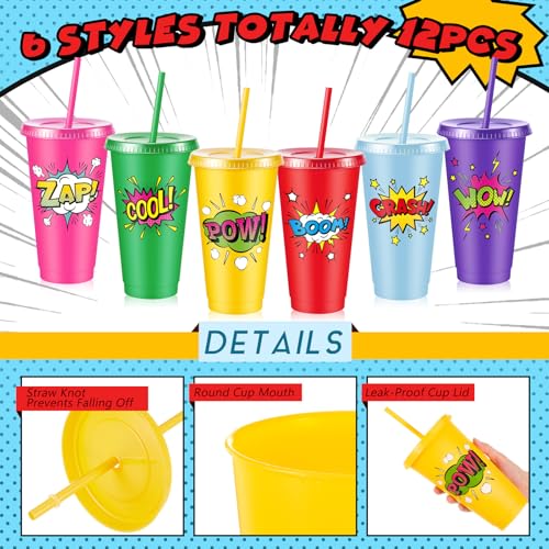 Chuangdi 12 Pcs Hero Cups 24 oz Plastic Reusable Tumblers with Lids and Straws Themed Drinking Cups for Birthday Decorations Party Favors Supplies Gifts - style: Hero