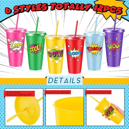 Chuangdi 12 Pcs Hero Cups 24 oz Plastic Reusable Tumblers with Lids and Straws Themed Drinking Cups for Birthday Decorations Party Favors Supplies Gifts - style: Hero