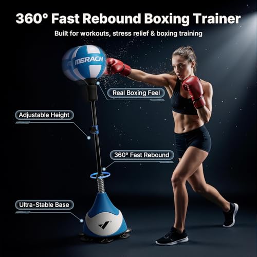 MERACH Punching Bag for Teens & Adults, Punching Bag with Stand, 53-62 Inches Height Adjustable Sand-Filled Base with Suction Cup, Boxings Equipment, Freestanding Reflex Bag Kit - size: Adult
