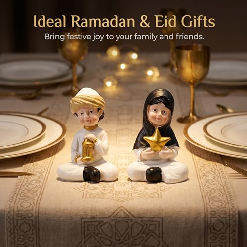 Ramadan Decorations Islamic Home Decor Muslim Boy and Girl Figurines Holding Lantern and Star Resin Table Centerpieces for Office Kids Eid Gifts Ideas Room Desktop Ornament