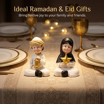 Ramadan Decorations Islamic Home Decor Muslim Boy and Girl Figurines Holding Lantern and Star Resin Table Centerpieces for Office Kids Eid Gifts Ideas Room Desktop Ornament