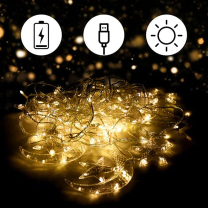 Moon and Star LED Curtain Lights, 8.2ft Christmas Decorations Indoor String Lights, Twinkle Fairy Light for Bedroom,Ramadan Decor, Battery Operated or USB Plug-in, Warm White