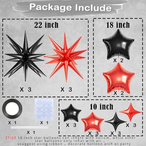22 Pcs Star Balloons,22/18/10 Inch Star Foil Mylar Balloon,Spike Balloons and Four Pointed Balloon for Party Supplies Christmas Birthday Wedding Photo Booth (Black Red) - color: Black Red