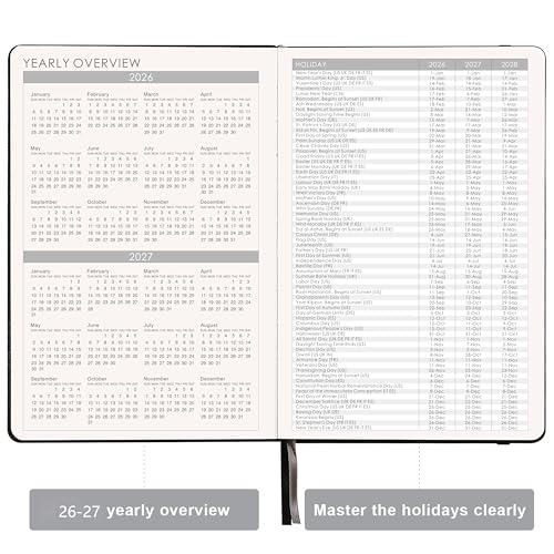 Planner 2026-2027 - Jul. 2026 - June. 2027, 2026-2027 Planner, 12-Months 26-27 Planners Weekly and Monthly, 5.75" x 8.25", Saffiano Leather with Thick Paper, Back Pocket with Notes Pages - color: Dark Black C