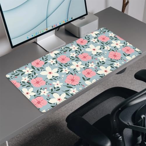 Retro White Pink Flowers Desk Pad Mouse Pad,Extended Large Gaming Floral Mouse Mat with Stitched Edges,Non-Slip Waterproof Rubber Base Mousepad for Office Work Home Desk Mat(27.5X11.8 in) - color: Retro Whitepink Flowers