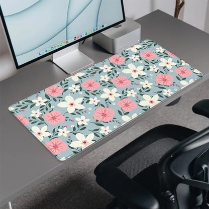 Retro White Pink Flowers Desk Pad Mouse Pad,Extended Large Gaming Floral Mouse Mat with Stitched Edges,Non-Slip Waterproof Rubber Base Mousepad for Office Work Home Desk Mat(27.5X11.8 in) - color: Retro Whitepink Flowers