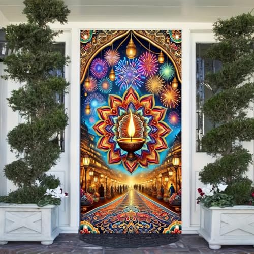 Diwali Door Cover 71x35 Inch Festival of Lights Decoration Colorful Fireworks Oil LampMandala Pattern Qutdoor lndoor Party Celebration Decor - color: Diwali Mandala Lamp