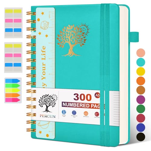 Spiral Notebook Journal for Women Men, 300 Numbered Lined Pages, College Ruled, A5 Hardcover Spiral Bound Notebook for School, Work, Note Taking Writing, Leather Spiral Journal Medium 5.9"x8.5" - color: Blue, size: A5 size (5.9in x 8.5in)