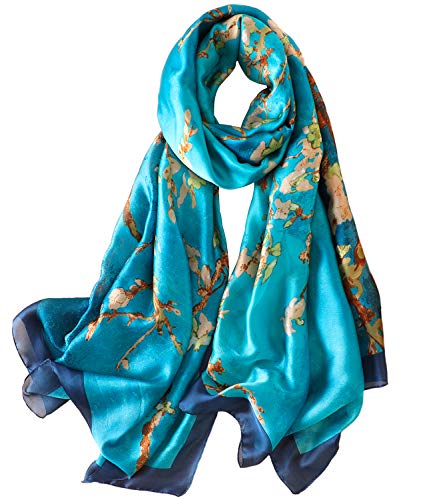 Womens 100% Large Mulberry Silk Scarf Long Satin Scarf Fashion Lightweight Wraps - color: Turquoise Green and Big Trees