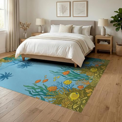 6'x9' Washable Beachy Sea Turtle Area Rug, Teal Non-Shedding Pet Friendly Room Rug for Queen Size Bedroom, Under Bed, Master Suite, Foldable Easy Care Carpet | Ref:1991881 - color: Blue/Pattern 46, size: 6' x 9' (Rectangular)