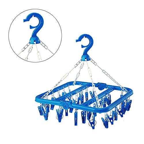 SteelFever Clothes Drying Hanger with 32 Clips, Foldable Hanging Drying Rack for Clothes Underwear Socks (Blue) - color: Blue