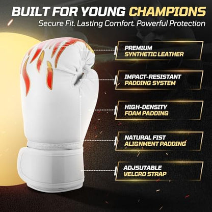 Flexzion Boxing Gloves for Kids 4oz – Training Punching Bag Mitts, Kid Boxing Gloves with Faux Leather & Wrap-Around Wrist Protection for Boys & Girls Ages 3-8 Years - color: White Blaze