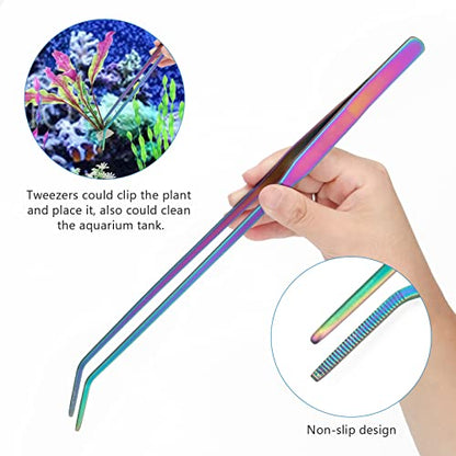 15" Aquarium Aquascape Tools Kit 4P Stainless Steel Aquascaping Set | 4in1 Extra Long Full Metal Design, Scissors, 2P Tweezers And Sand Spatula, For Trimming Plants, Arranging Sand And Aquascape - color: Colorful