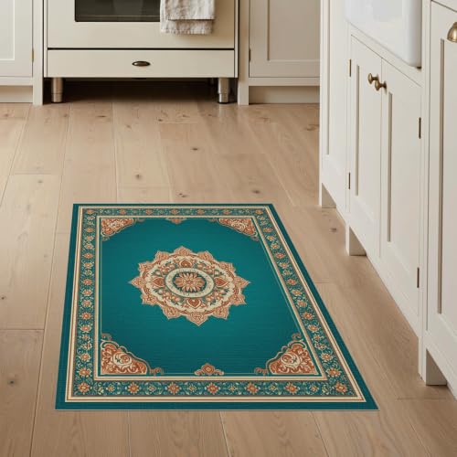 3'x5' Teal Copper Boho Medallion Prayer Washable Accent Rug - color: Blue/Pattern 14, size: 3' x 5' (Rectangular)