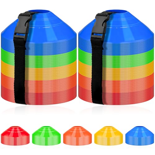 100 Pack Soccer Cones for Training, 7.5 Inch Agility Disc Cones with 2 Straps Sport Field Markers for Drills, Football, Basketball, Coaching, Practice Equipment, 5 Colors