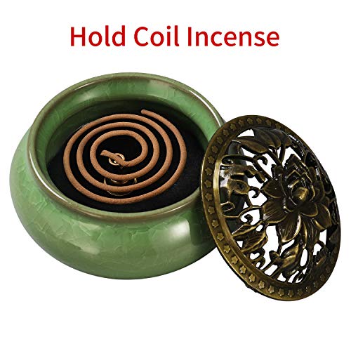 Miupoo Stick Incense Burner and Cone Incense Holder with Brass Incense Stick Holder Ceramic Ash Catcher (Light Green) - color: Light Green