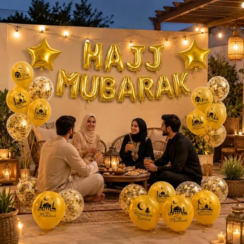 이드 무바라크 파티 장식용 HAJJ MUBARAK 풍선 28개 | HAJJ MUBARAK 장식 풍선, 이드 무바라크 파티 용품 장식