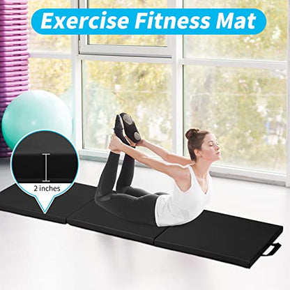 BLKMTY Gymnastics Mat, 2"x6' Folding Exercise Yoga Mat for Kids Tumbling | PU Leather Workout Mat, with Carrying Handles, For Home Gym Aerobic Fitness - color: Black