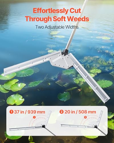 VEVOR Lake Weed Cutter, Pond Aquatic Plant Cutting Tool with 37 in Max. Cut Width, Sharp and Heavy-Duty Steel Blades, Pond Rake with 30 ft Throw Rope, for Cattail, Phragmites, Lilly Pads & Chara - size: 20-37in