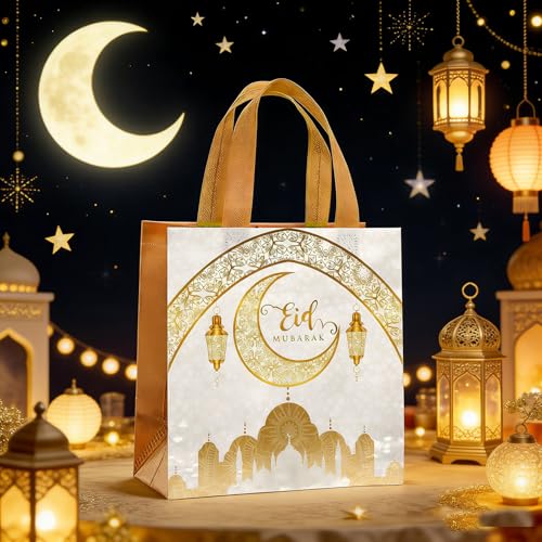 Yssreey Eid Mubarak Reusable Gift Bags 12pcs Ramadan Goodie Bags with Handles Non Woven Treat Bags for Ramadan Kareem Eid Mubarak Party Supplies