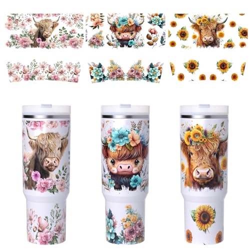 6 PCS Cow Flower UV DTF Stickers, UV DTF Cup Wrap for 40oz | Vibrant washable UV DTF cup wrap transfers with strong adhesion for glass cups, mugs and smooth hard surfaces - style: Cow Flower