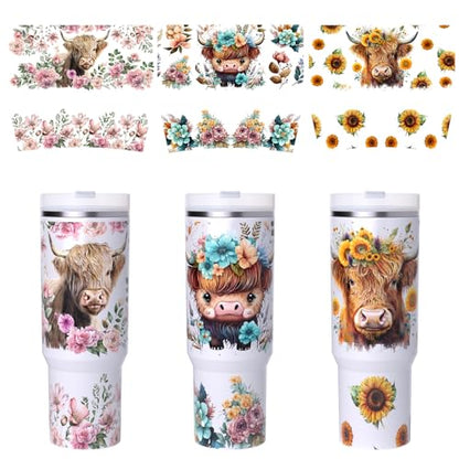 6 PCS Cow Flower UV DTF Stickers, UV DTF Cup Wrap for 40oz | Vibrant washable UV DTF cup wrap transfers with strong adhesion for glass cups, mugs and smooth hard surfaces - style: Cow Flower