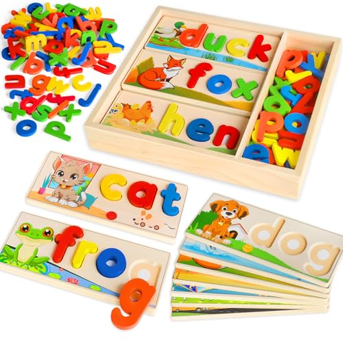 Wooden See & Spell Learning Toys for 2 3 4 5 Year Old Kids, Preschool Learning Activities Alphabet Flash Cards, Educational Match Letter Game Board, CVC Word Builder Montessori Toys Gifts for Boy Girl