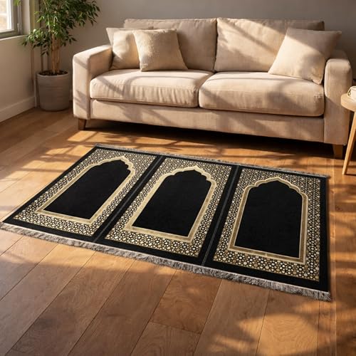 Muslim Thin Chenille Islamic Prayer Mat - Selcuk Star 3 Person (Black) - color: Black