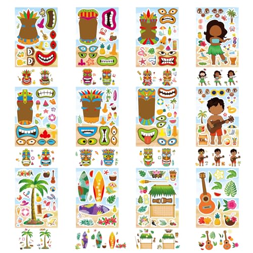 Summer Stickers, Hawaii Make a Face Sticker, Aloha Tiki Totem | 24 Sheets Make Your Own Beach Tropical Cartoon Mix and Match Stickers Hawaiian Coconut Tree Summer Luau Party Favors - style: Summer Stickers