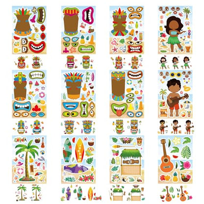 Summer Stickers, Hawaii Make a Face Sticker, Aloha Tiki Totem | 24 Sheets Make Your Own Beach Tropical Cartoon Mix and Match Stickers Hawaiian Coconut Tree Summer Luau Party Favors - style: Summer Stickers
