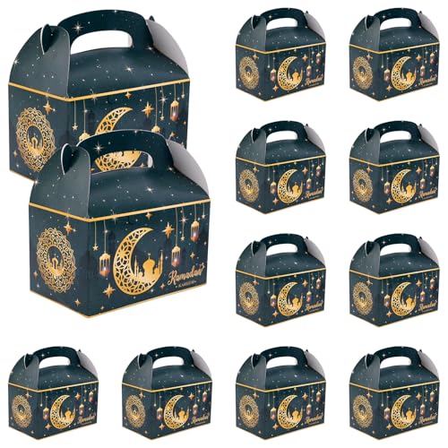 Gosknor 12pcs Ramadan Gift Box, Ramadan Mubarak Gift Box Foldable Paper Goodie Boxes for Presents Party Favor Boxes Eid Al Fitr Gift Boxes for Candy Goodies Gifts Muslim Party Supplies