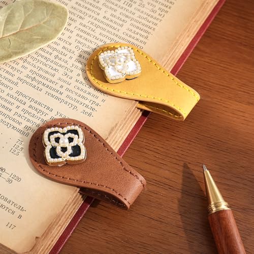 2PCS Magnetic Bookmarks with Pen Clip, Leather Bookmarks for Women, Magnetic Pen Holder Book Accessories, Four-Leaf Rose - style: Four-leaf Rose