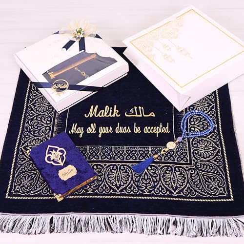 IEF Personalized Prayer Mat Quran Bead Set Eid Gifts, Muslim Wedding Gifts Birthday Gifts for Men, Father's Day Gifts, Prayer Rug Pearl Prayer Beads Arabic Quran (Navy Blue) - color: Navy Blue
