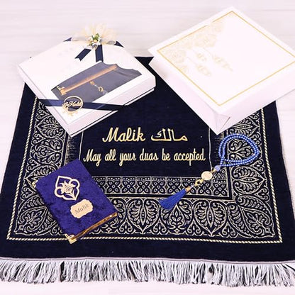 IEF Personalized Prayer Mat Quran Bead Set Eid Gifts, Muslim Wedding Gifts Birthday Gifts for Men, Father's Day Gifts, Prayer Rug Pearl Prayer Beads Arabic Quran (Navy Blue) - color: Navy Blue