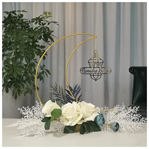 Ramadan Kareem Decorations, Artificial Moon Shape Wreaths Table Decor with Castle Sign, Ramadan Mubarak Metal Rings Floral Ornaments, for Home Desk Fireplace Party Supplies