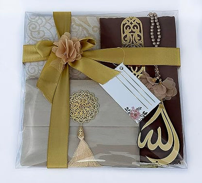 SAIKA Muslim Prayer Rug, 7 in One Gift Set, Prayer Mat Surah Book, Tasbeeh, Scarf, Surah Case, Bookmark, Car Mirror Hanger, Prayer Beads,Islamic Gift for Umrah, Hajj, Wedding, Janamaz (Gold) - color: Gold
