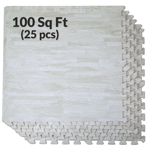 100 Sq. Ft 3/8 Inch Thick Printed Foam Tiles Interlocking Foam Mat, 24" x 24", 25 pcs, White Wood Grain Style Protective Flooring, for Home, Exercise or Trade Show - color: White Wood Grain