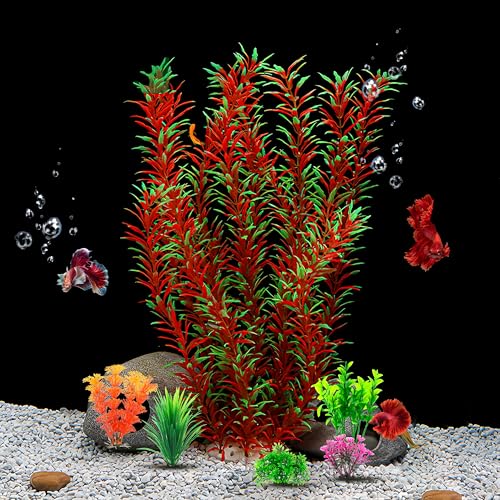 CousDUoBe 21 Inch Aquarium Plants Set Tall Fish Tank Plants – Realistic Artificial Fish Tank Decorations (1 Pcs Large Green Fish Tank Plants, 5 Pcs Small Plants) - color: Red-green