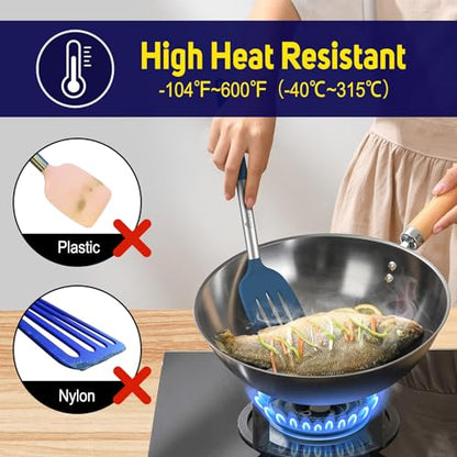 HOTEC Silicone Spatula Set of 2 Heat-Resistant 600°F & BPA-Free Kitchen SaptulaTurner with Stainless Steel Handles, Slotted & Solid Spatulas for Nonstick Cookware, 13.7 Inch, Classic Blue - color: Classic Blue