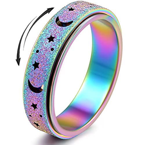 OreilleStar Anxiety Ring for Women Fidget Spinner Rings Stainless Steel Fidget Cute Thumb Rings for Women Men Moon Star Rainbow Size 7 - size: Size 7, style: Moon Star-Rainbow