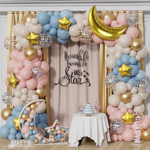 Pink Blue Gold Gender Reveal Balloon Garland Arch Kit, 127Pcs Twinkle Twinkle Little Star Party Decorations with Moon Star Foil Balloons for Baby Shower Boy or Girl Birthday Party Supplies - color: Pink Blue