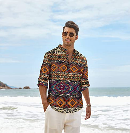 COOFANDY Men's Cotton Linen Henley T-Shirt Long Sleeve Hippie Casual Beach T-Shirts - color: Geometric, size: Large