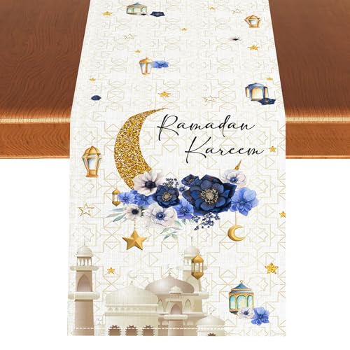 Ramadan Eid Mubarak Table Runner, Rustic Ramadan Kareen Mosque Lantern Islamic Moon Floral Castle Star Seasonal Kitchen Dining Table Scarf for Kitchen Living Room Home Party Decor 13"x90" - color: Ramadan05, size: 13x90" Table Runner