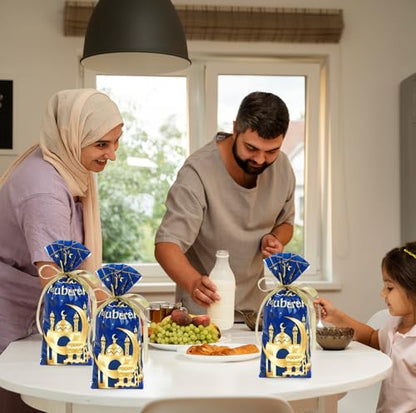 Whaline 100 Pcs Eid Mubarak Cellophane Bags with Ribbon Ramadan Plastic Treat Bags Blue Gold Candy Goodie Bags for Islamic Muslim Party Snack Cookie Packing Supplies - color: Blue Gold
