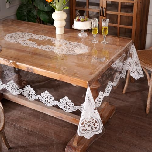 Clear Table Cover Protector Rectangle Vinyl Table Cloth, 52" x 70" - color: White Lace, size: 70" x 52" (Rectangular)
