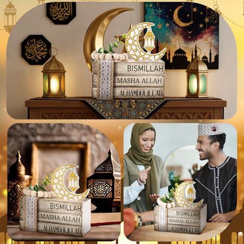 Ramadan Decorations for Home Eid Mubarak Decorations Wood Ramadan Table Sign Golden Moon Eid Tiered Tray Sign for Islamic Muslim Table Indoor Shelf Office Gifts - style: Ramadan
