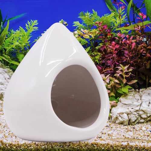 Saim Aquarium Ceramic Teardrop Shape Pleco Cave Ornament Fish Tank Landscape Decor Betta Accessories for Small Shrimp to Rest and Breed, Hiding for 5 Gallon Tanks - White