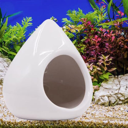 Saim Aquarium Ceramic Teardrop Shape Pleco Cave Ornament Fish Tank Landscape Decor Betta Accessories for Small Shrimp to Rest and Breed, Hiding for 5 Gallon Tanks - White