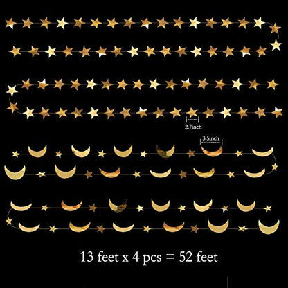 Decor365 골드 문 스타 가랜드 라마단 장식 반짝 작은 별 두 달 생일 파티 장식 기발한 장식 별이 빛나는 새해 전야 배너 벽걸이 별 베이비 샤워 EID 무부락 장식