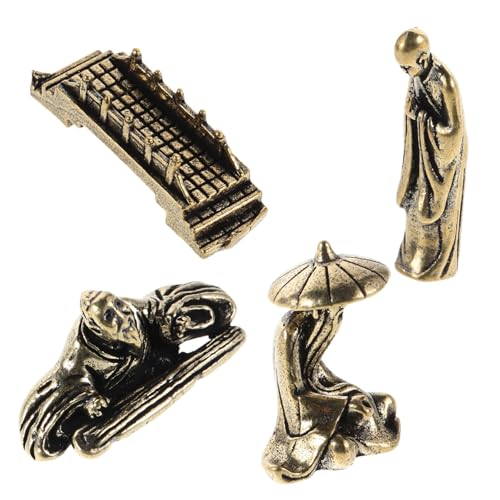 4pcs Brass Mini Fisherman Figurines Set, Old Chinese Fisherman and Monk Sculptures with Luoyang Bridge, Miniature Oriental Micro Landscape Decor for Desktop and Aquarium